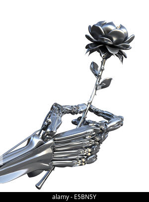 Roboter hält metallische Blume. Hohe Technologie 3d illustration Stockfoto
