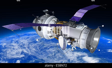 Raumstation reist im Orbit um die Erde. Astronaut arbeitet im offenen Raum. 3D illustration Stockfoto