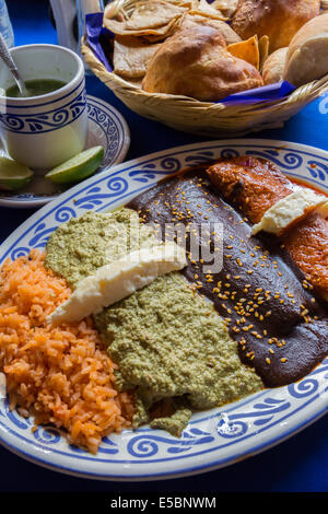 Mole Poblano über Enchiladas zusammen mit anderen Maulwürfe, Pipian und Adobo.  Mole Poblano ist ein berühmtes Gericht aus Puebla, Mexiko Stockfoto