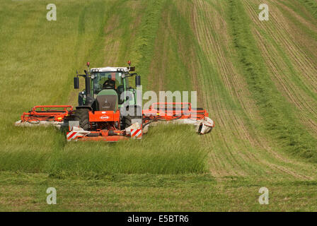 Traktor zieht Grass-Cutter schneiden Rasen für die Herstellung von Heu Stockfoto