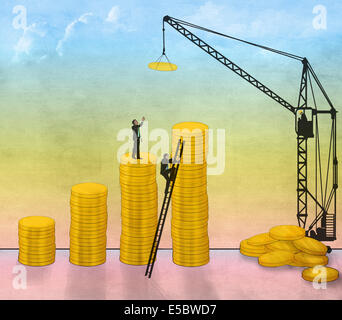 Anschauliches Bild von Geschäftsleuten Bau Münze Balkendiagramm für Geschäftsentwicklung Stockfoto