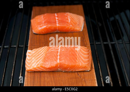 Ein paar rohe wild Alaskan Lachsfilets auf eine Zeder Planke gegrillt. Stockfoto