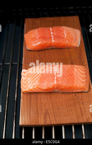 Ein paar rohe wild Alaskan Lachsfilets auf eine Zeder Planke gegrillt. Stockfoto