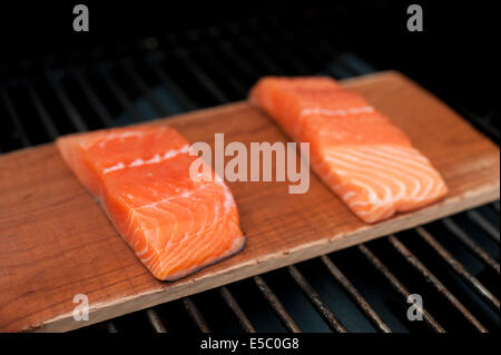 Ein paar rohe wild Alaskan Lachsfilets auf eine Zeder Planke gegrillt. Stockfoto