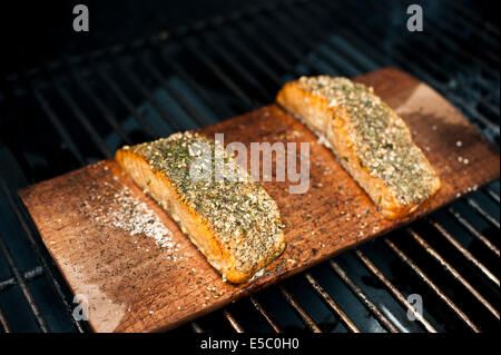 Ein paar gut gewürzt wild Alaskan Lachs-Filets auf einer Zeder Planke gegrillt. Stockfoto