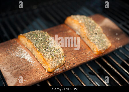 Ein paar gut gewürzt wild Alaskan Lachs-Filets auf einer Zeder Planke gegrillt. Stockfoto