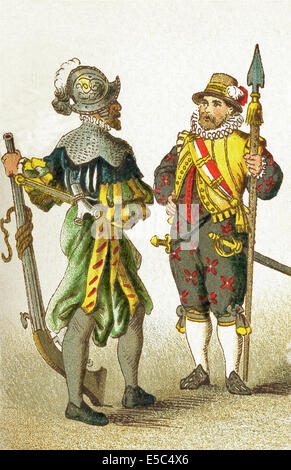 Die Abbildungen in dieser Abbildung deutschen zwischen 1550 und 1600. Sie sind von links nach rechts: Soldat und bewaffnete Bürger. Stockfoto