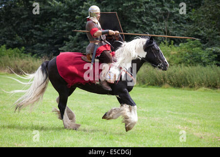 Eine Demonstration der typischen kaiserlichen römischen Kavallerie Waffen und Taktiken auf dem Gelände des Binchester römischen Fort, England gegeben. Stockfoto