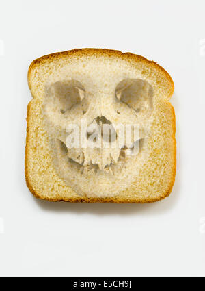 Menschlicher Schädel auf eine Scheibe Brot auf weißem Hintergrund auferlegt Stockfoto