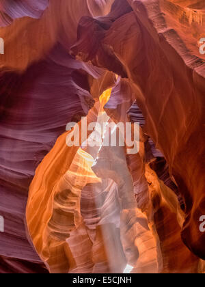 Mittag in einem rot-Orange Antelope Canyon. Ein dünner Strahl des Tageslichtes leuchtet auf dem sandigen Boden des Canyons Stockfoto