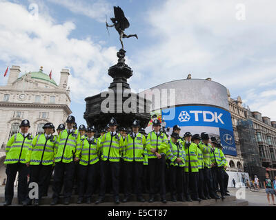 London, UK. 28. Juli 2014. Ein 100-köpfigen Polizeiteam am Piccadilly Circus. Start der neuen 100-köpfigen Polizist Initiative für West End. Die traf Polizei neue Impact Zone Team widmet sich bei der Polizeiarbeit im West End Leicester Square, Coventry Street, Piccadilly Circus und der unmittelbaren Umgebung. Bildnachweis: Nick Savage/Alamy Live-Nachrichten Stockfoto