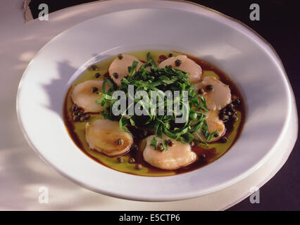 Eine Platte von Jakobsmuscheln in Olivenöl und Balsamico Essig mit frischen Pfefferkörnern und Rakete von Küchenchef Henry Harris für Harvey nichol Stockfoto