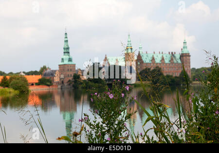 Schloss Frederiksborg in Hillerød, Neuseeland, Dänemark, vom anderen Ufer des Castle Lake aus gesehen. Großes Weidenkraut im Fokus. Stockfoto