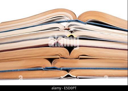 offenen Bücherstapel isoliert auf weißem Hintergrund Stockfoto