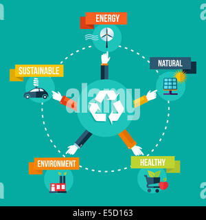 Gehen Sie grüne recycling Hände mit Eco Icons Infografik flaches Design Hintergrund Illustration. EPS10 Vektor-Datei organisiert in Schichten f Stockfoto