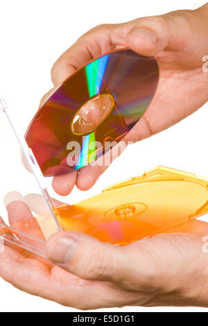 Männer Hand mit DVD CD CD isoliert auf weißem Hintergrund Stockfoto