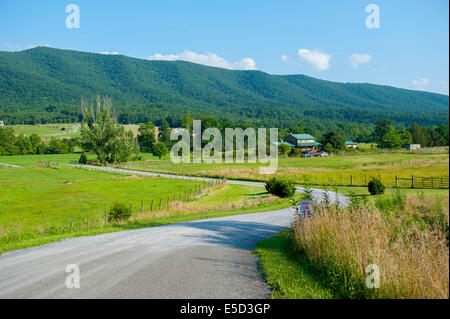 USA-Virginia-VA-Shenandoah-Tal - Fort Valley - eine Schotterstraße hinunter ein Bauernhaus im Tal Stockfoto