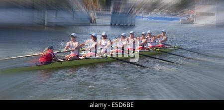 Ruderer acht arbeiten als ein Team auf dem Fluss. Sie brauchen Teamarbeit macht Energie um Erfolge zu erzielen. Stockfoto