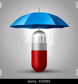 Medizin Schutz und Droge Sicherheitskonzept als Gesundheitswesen Symbol mit einer Kapsel Pille mit einem Regenschirm schützt das Pharma-Symbol. Stockfoto