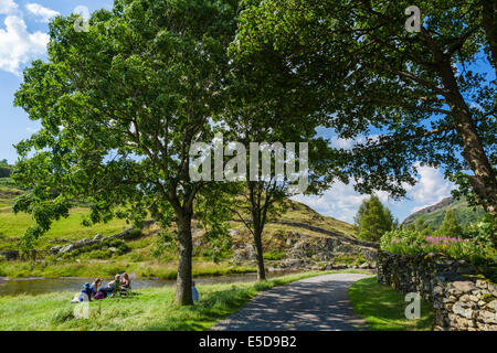 Menschen picknicken an der Seite des Watendlath Beck, Watendlath Tarn, Borrowdale, Lake District, England, UK Stockfoto