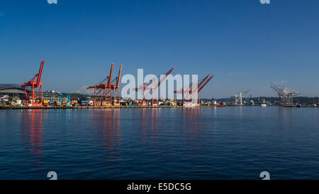 Krane, Waiting for Cargo-Schiffe im Hafen von Seattle Stockfoto