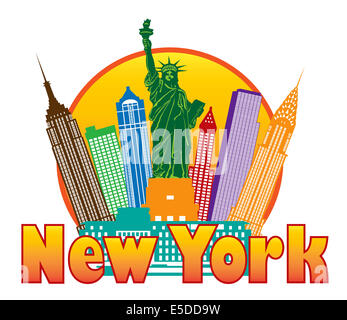 Bunte Skyline New Yorks mit Freiheitsstatue in Kreis Gliederung mit Text Illustration Stockfoto