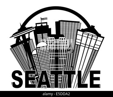 Seattle Washington abstrakt Downtown City Skyline in Kreis schwarz isoliert auf weißem Hintergrund Illustration Stockfoto