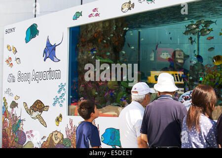 Tokyo, Japan - Fußgänger sehen die Fische aus Okinawa im 14-Tonnen Wasser am Eingang des Sony-Gebäudes am 28. Juli 2014 Tank. "47. Sony Aquarium" ist ein Aquarium im Sony Building-outdoor-Event-Raum eingerichtet die Kreaturen aus Okinawa Churaumi Aquarium zeigt. Der Tank erschafft die Ökologie der Korallenriffe und Unterwasserwelt der Kerama Inseln. Die Veranstaltung bringt verschiedene Aktivitäten für Kinder und einen Film von Kerama Inseln in 4k gefilmt. Die 47. Sony Aquarium in Tokyois von 25 Juli bis 31. August geöffnet. © Rodrigo Reyes Marin/AFLO/Alamy Live-Nachrichten Stockfoto