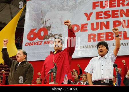 Caracas, Venezuela. 28. Juli 2014. Venezuelan President Nicolas Maduro (C), nicaraguanischen Präsidenten Daniel Ortega (L) und Bolivian President Evo Morales (R) teilnehmen an der Akt der Solidarität mit der Bolivarischen Revolution und zum Gedenken an den 60. Geburtstag des verstorbenen Präsidenten Hugo Chavez im Poliedro de Caracas in Caracas, Venezuela, am 28. Juli 2014. Bildnachweis: Prensa Presidencial/AVN/Xinhua/Alamy Live-Nachrichten Stockfoto