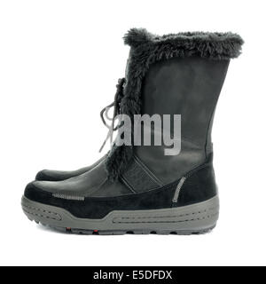 Schwarze warme feminine Stiefel. Winter Schuhe isoliert auf weißem Hintergrund. Stockfoto