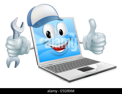 Ein Cartoon Laptop Computer Reparatur Maskottchen mit einer Kappe und Spanner tun einen Daumen nach oben Stockfoto