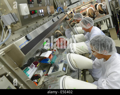 Darmstadt, Deutschland. 25. Juni 2014. Die Fotos von pharmazeutisch-chemische Unternehmen Merck KGaA veröffentlicht zeigt Mitarbeiter organischen Schichten aus einer Lösung (in das Handschuhfach durch Spincoating) bei Merck OLED-Produktion in Darmstadt, Deutschland, 25. Juni 2014. Foto: ARNE DEDERT/Dpa/Alamy Live-Nachrichten Stockfoto