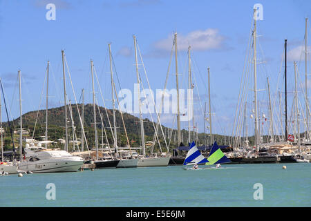 Zwei Windsurfer Segeln in Falmouth Harbour Marina in Antigua Barbuda in der Karibik kleine Antillen West Indies. Stockfoto