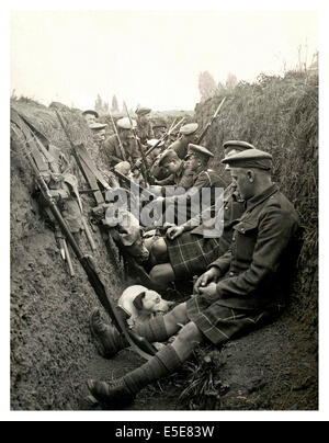 Historisches Bild von der WW1 Highland beschreiben und ihr Maskottchen Hund warten zu "go over the Top" in einem Graben in Nordfrankreich Stockfoto