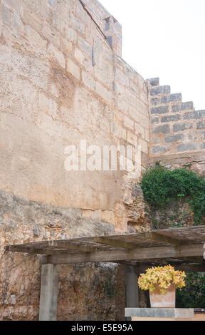 Einfachheit in einem Stein Wand Ecke mit gelben Blumen und grüne Pflanze. Mallorca, Balearen, Spanien. Stockfoto
