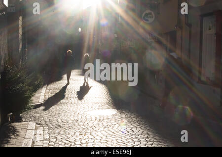 Old Town funkelnde Weihnachten Wetter im November mit Shopper, Sonnenschein und Tanne Bäume Stockfoto