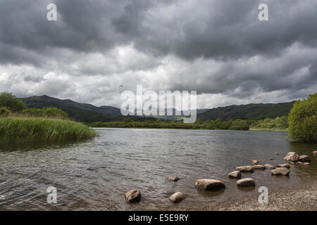 Felsen am Ufer des Sees Elterwater, Lake District, Cumbria, mit Blick auf die saisonabhängige unter Gewitterhimmel und dunkle Wolken Stockfoto