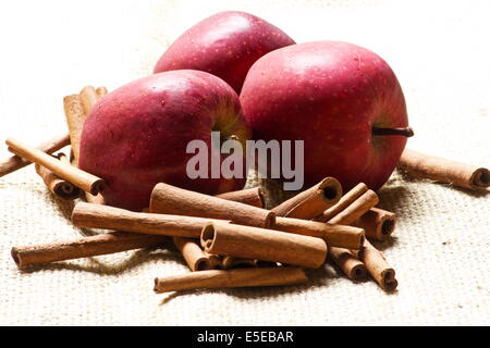 Rote Äpfel und Zimtstangen auf weißem Hintergrund Stockfoto