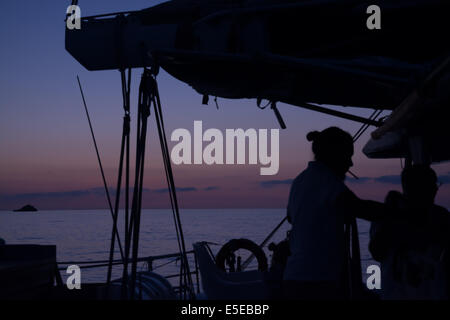 Crew auf Dolphin Watch Exkursion. Dolphin watch Sonnenaufgangstour, Cala Ratjada, Mallorca, Balearen, Spanien im Juli. Stockfoto