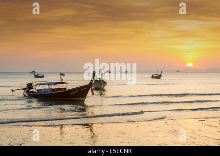 Long-Tail-Boote vertäut am Ao Nang Beach, Krabi, Thailand Stockfoto