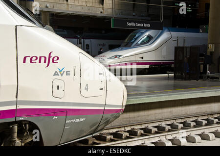 Zwei Ave-Hochgeschwindigkeitszüge warten auf ihre Plattform am Bahnhof von Sevilla Santa Justa. Stockfoto
