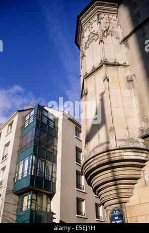 Frankreich, paris 4e, le marais, tourelle en encorbellement de l'Hotel herouet, Angle rue vieille du Temple et rue des Francs Bourgeois Stockfoto