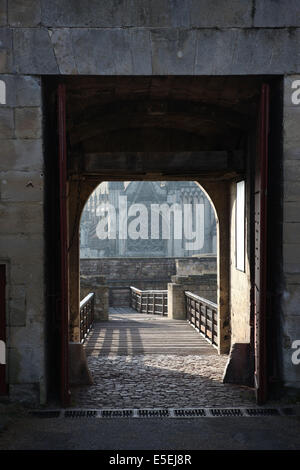 Frankreich, Normandie, Calvados, caen, parc du chateau, porte, rempparts, vue sur l'eglise Saint pierre, Stockfoto