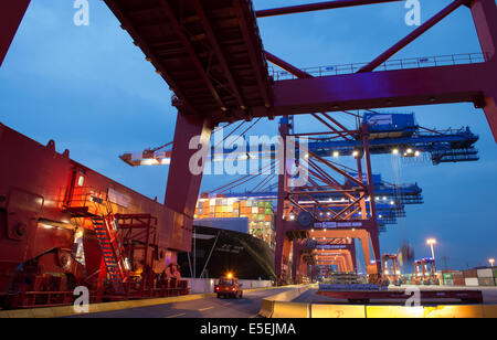 Hamburg, Deutschland. 29. Juli 2014. Die Containerbrücken terminal Eurogate sind gegen den Abendhimmel in Hamburg, Deutschland, 29. Juli 2014 Silhouette. Foto: DANIEL REINHARDT/Dpa/Alamy Live News Stockfoto