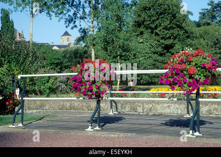 Frankreich, Region pays de loiré, sarthe, riviere, solesmes, ecluse, fleurs, eglise, abbaye, Stockfoto