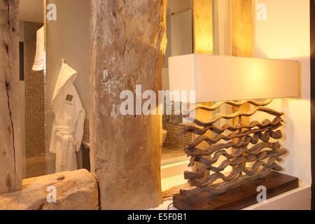 Frankreich, Haute Normandie, Seine maritim, pays d'accueil touristique du terroir de caux, belmesnil, Hotel de Campagne, decoration, chambre avec vue sur la salle de bain, lampe, Stockfoto