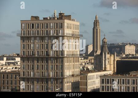 Frankreich, Haute Normandie/angleterre, Seine maritim, le havre/portsmouth, Traversee trans manche, a bord du Ferry boat, norman voyager, au petit matin, clocher de l'eglise Saint joseph, Architecture perret, Cathedale notre dame, Stockfoto