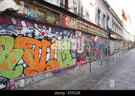 Frankreich, Ile de France, pariser 20e-Viertel, Belleville, rue denoyez, petits batiments, rideaux de fer, Graffiti, Straßenkunst, graf, Art urbain, Stockfoto