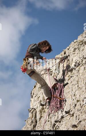 Frankreich, Haute Normandie, eure, amfreville sous les monts, Escalade, authentik aventure, christophe van der Cruyssen et son fils barney, falaise, Sport, Stockfoto