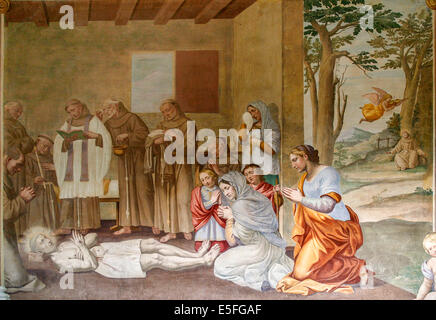 La Verna Tuscany. Korridor der Stigmata: malen das Leben des Heiligen Franziskus: St. Francis stirbt Stockfoto